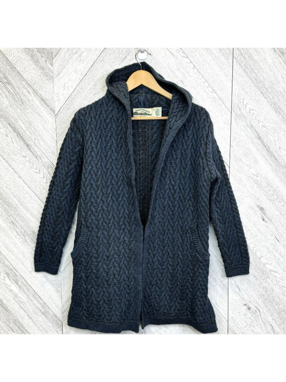 Aran Crafts Ireland 100% Merino Wool Hooded Open Cardigan Sweater Womens Small